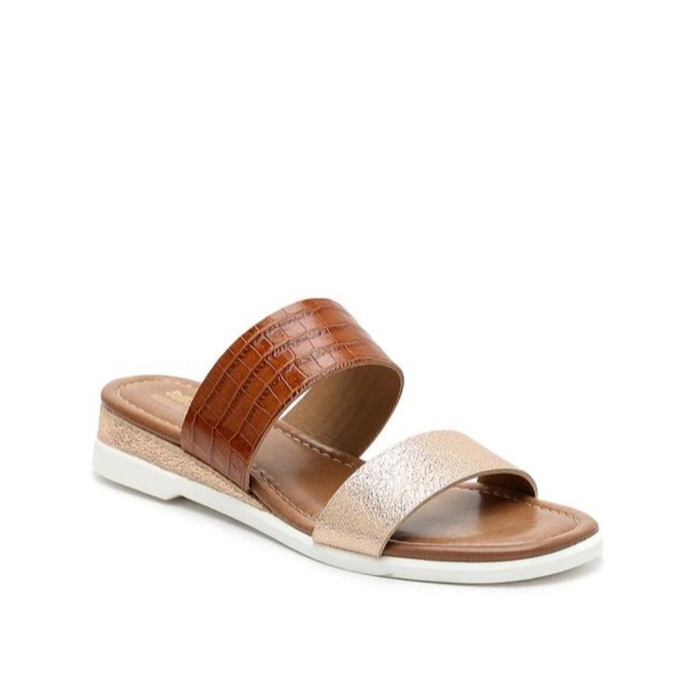 Coach And Four Brown Gold Lecce Croc Rose Metallic Slide Sandals